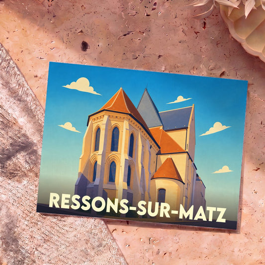 Carte postale souvenir de la ville de Ressons-sur-Matz avec une illustration stylisée de son église.