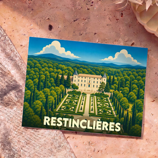 Carte postale souvenir de la ville de Restinclières avec une illustration stylisée de son château et de ses jardins.