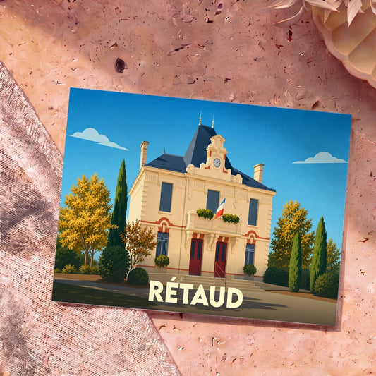 Carte postale souvenir de la ville de Rétaud illustrant la mairie dans un style graphique épuré.