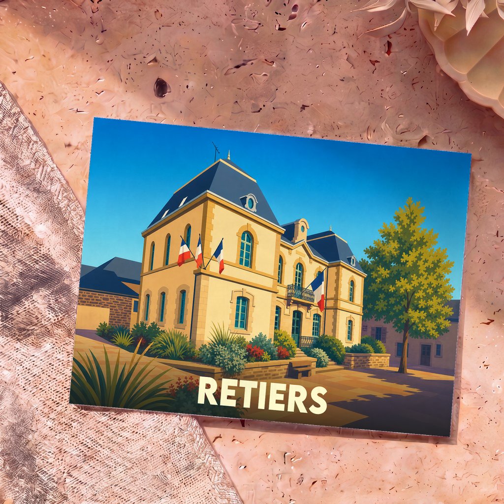 Carte postale souvenir de la ville de Retiers arborant une illustration stylisée de sa mairie pavoisée.