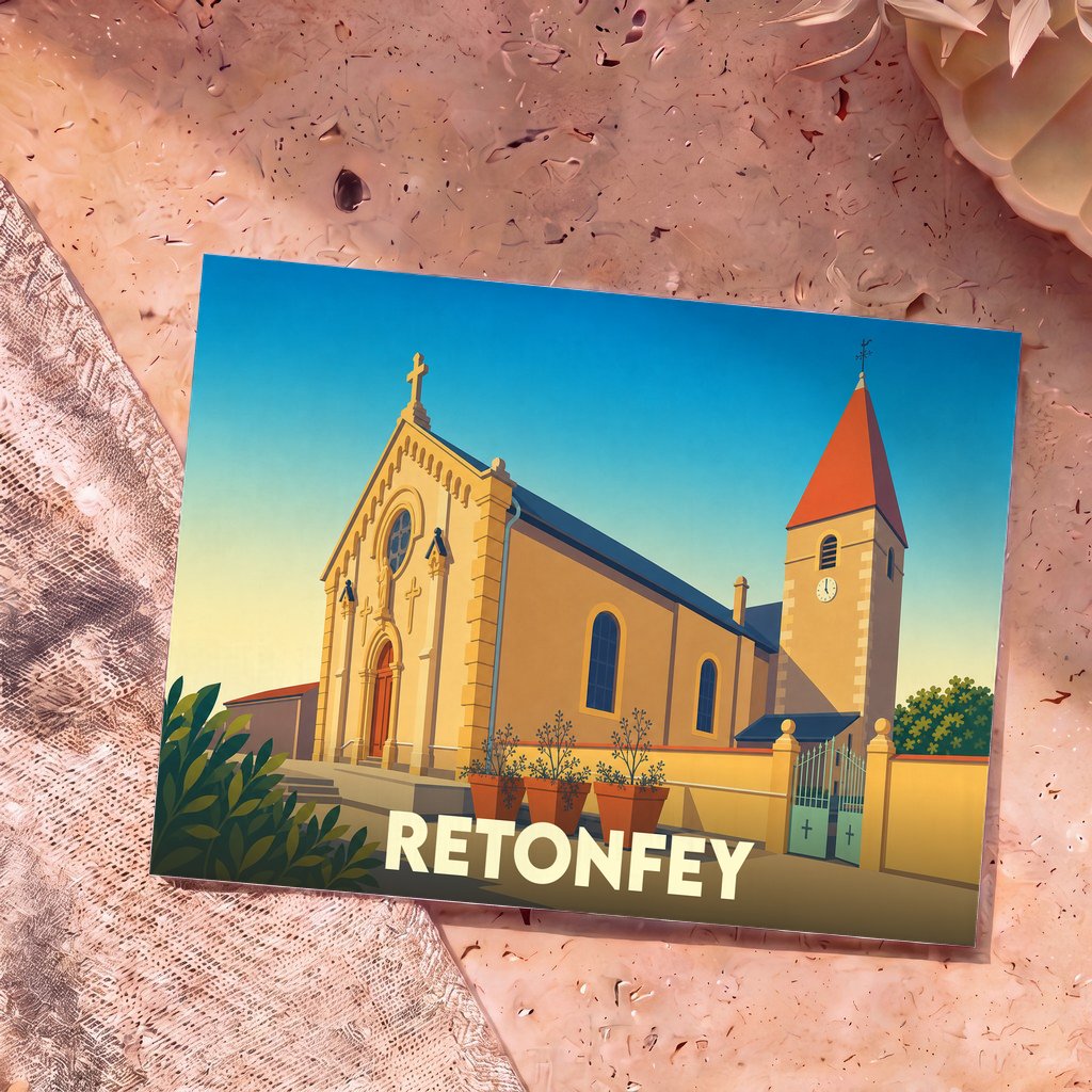 Carte postale souvenir de la ville de Retonfey avec une illustration stylisée de son église.