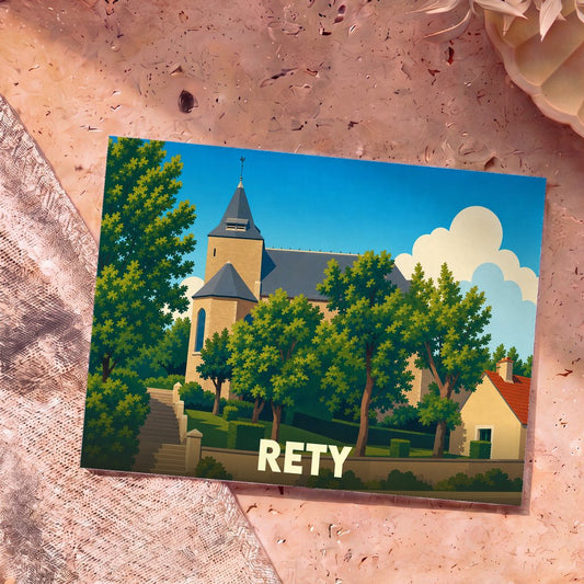 Carte postale souvenir de la ville de Rety avec une illustration stylisée d'une église entourée de verdure.