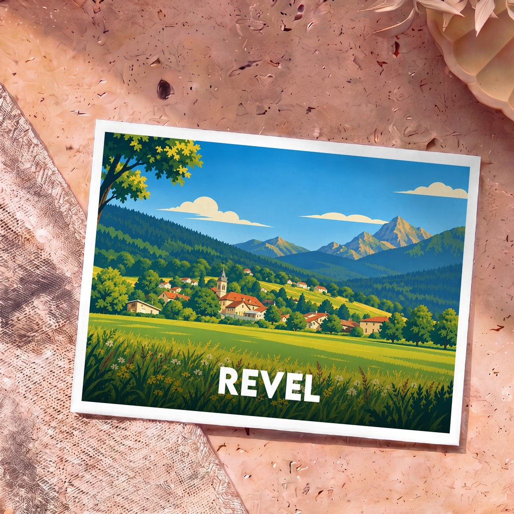 Carte postale souvenir de la ville de Revel avec une illustration stylisée d'un village de montagne.