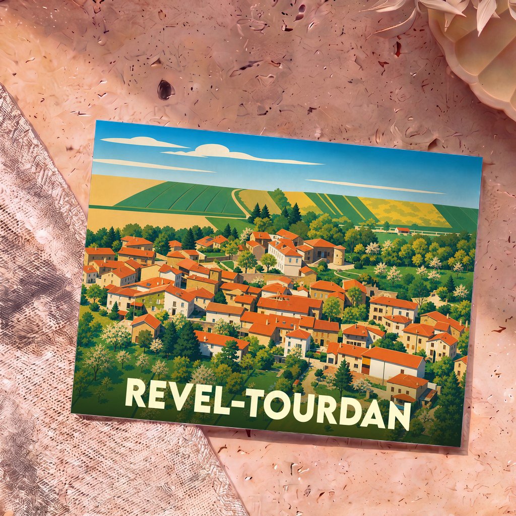 Carte postale souvenir de Revel-Tourdan illustrant le village dans un style graphique et coloré.