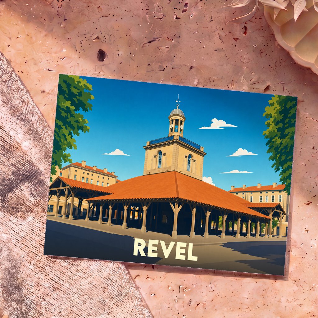 Carte postale souvenir de la ville de Revel avec une illustration stylisée de sa halle centrale.