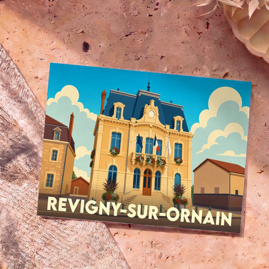 Carte postale souvenir de la ville de Revigny-sur-Ornain avec une illustration stylisée de son hôtel de ville.