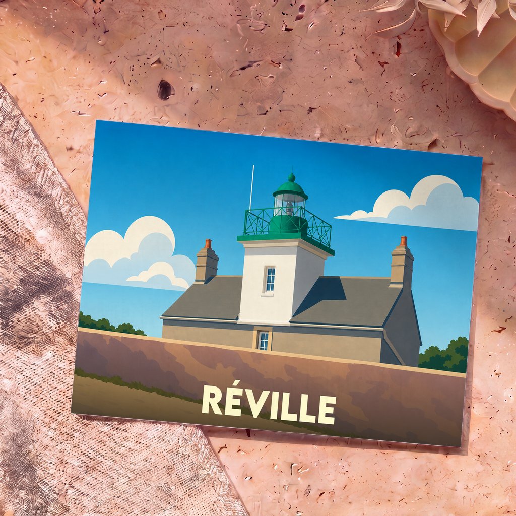 Carte postale souvenir de la ville de Réville illustrant son phare dans un style graphique épuré.