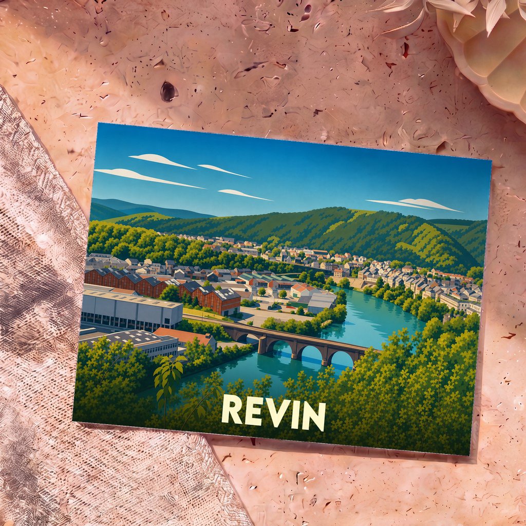 Carte postale souvenir de la ville de Revin illustrant son paysage fluvial et ses collines verdoyantes dans un style graphique épuré.