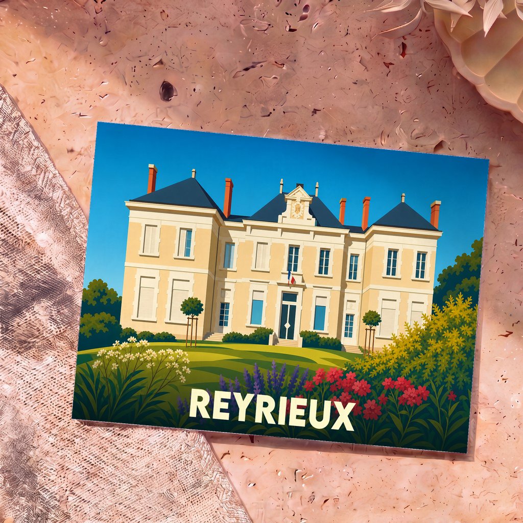 Carte postale souvenir de la ville de Reyrieux avec une illustration stylisée de son château.