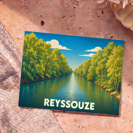 Carte postale souvenir de la ville de Reyssouze illustrant sa rivière bordée d'arbres dans un style graphique épuré.