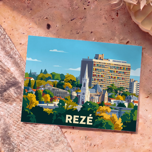 Carte postale souvenir de la ville de Rezé illustrant ses monuments emblématiques dans un style graphique coloré.