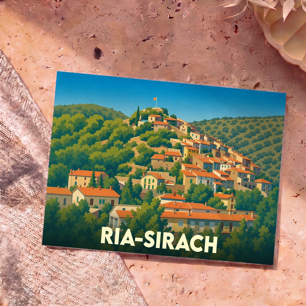 Carte postale souvenir de la commune de Ria-Sirach avec une illustration stylisée d'un village perché.