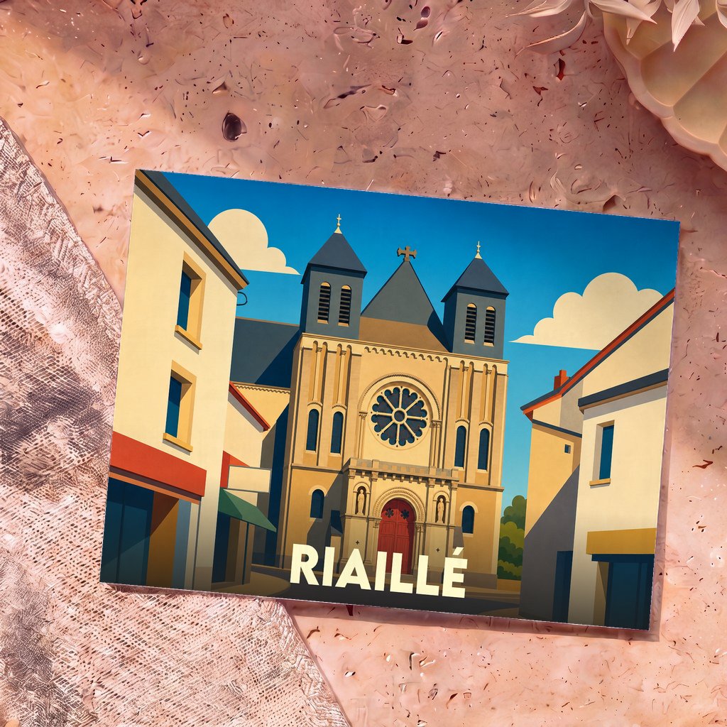 Carte postale souvenir de la ville de Riaillé illustrant son église dans un style graphique épuré.