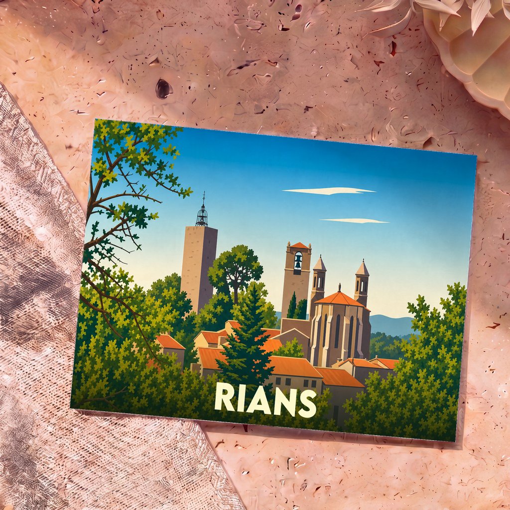 Carte postale souvenir de la ville de Rians avec une illustration stylisée de son architecture provençale entourée de verdure.