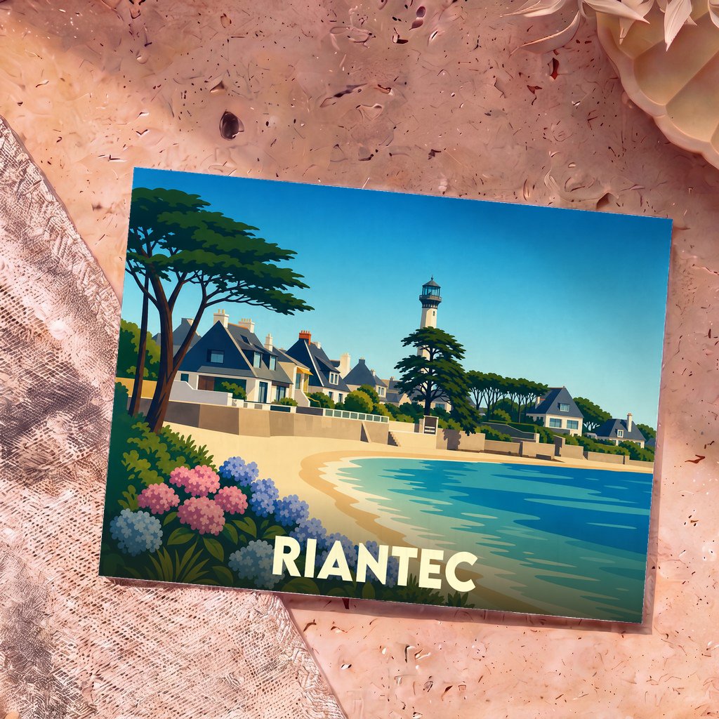 Carte postale souvenir de la ville de Riantec avec une illustration stylisée de son bord de mer.