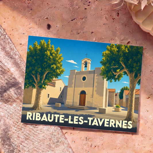 Carte postale souvenir de la ville de Ribaute-les-Tavernes avec une illustration stylisée de son église.
