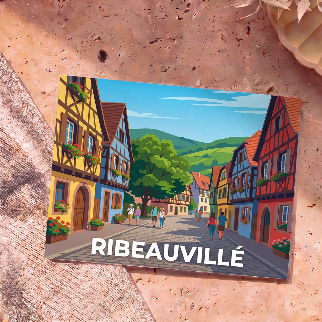 Carte postale souvenir de la ville de Ribeauvillé illustrant ses maisons à colombages colorées dans un style graphique épuré.