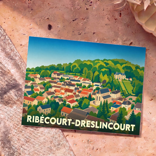 Carte postale souvenir de la ville de Ribécourt-Dreslincourt avec une illustration panoramique colorée et stylisée.