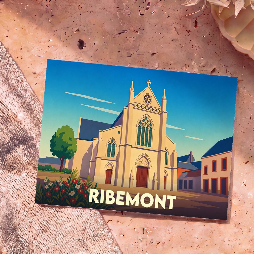 Carte postale souvenir de la ville de Ribemont illustrant son église dans un style graphique épuré.