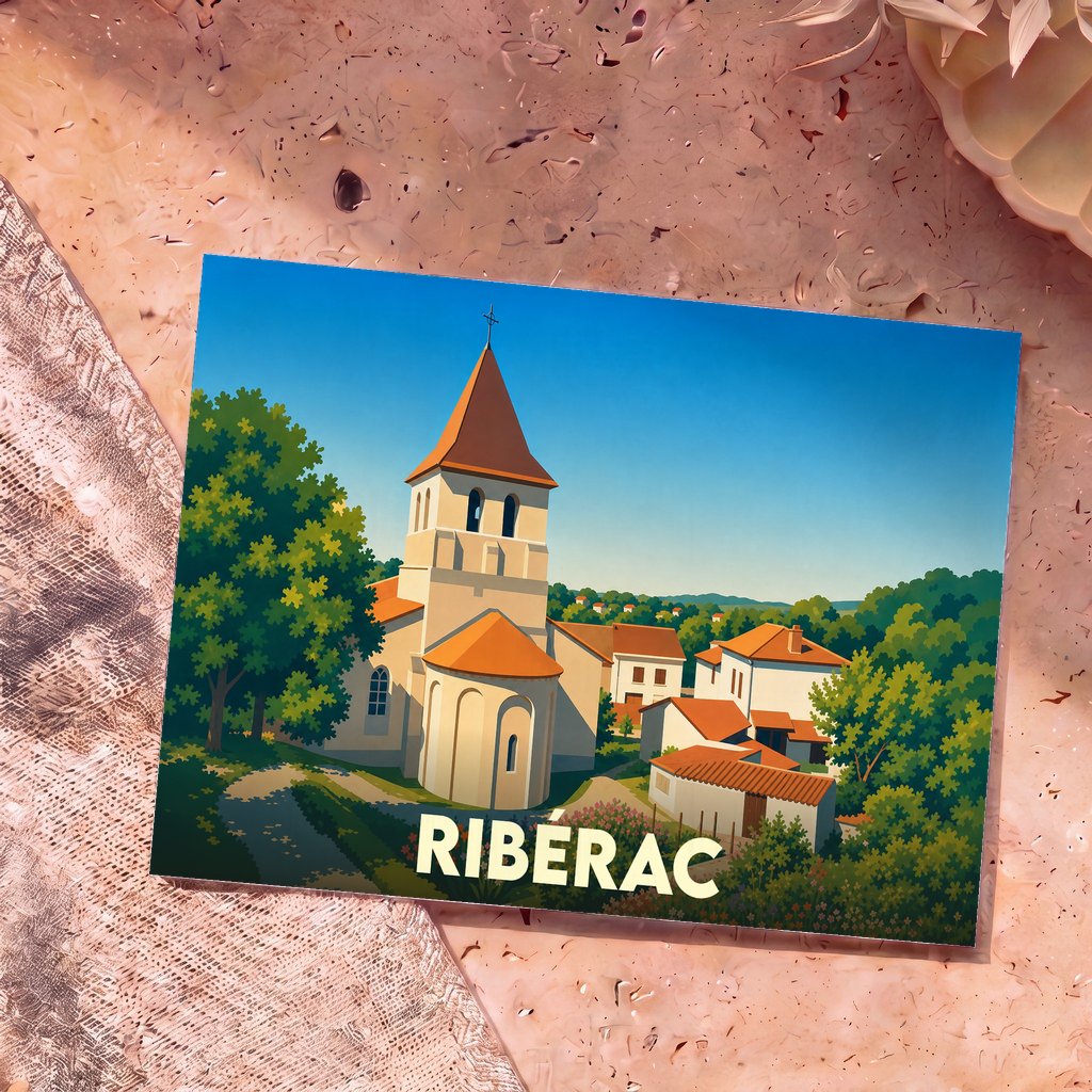 Carte postale souvenir de la ville de Ribérac avec une illustration stylisée de son église et de ses maisons traditionnelles.
