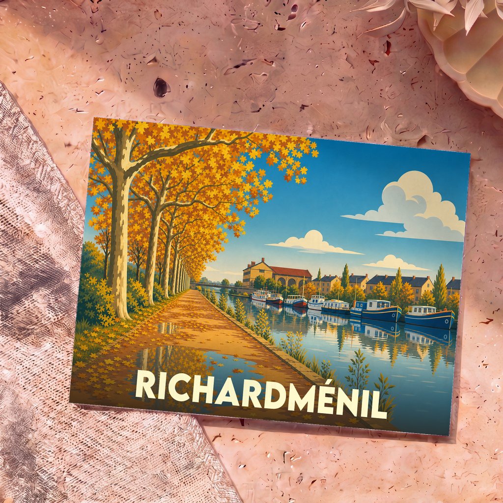 Carte postale souvenir de Richardménil illustrant un canal bordé d'arbres en automne et de péniches dans un style vintage.