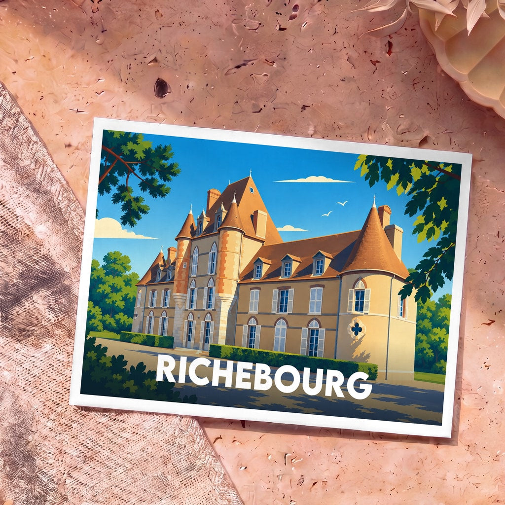 Carte postale souvenir de la ville de Richebourg avec une illustration stylisée d'un château.