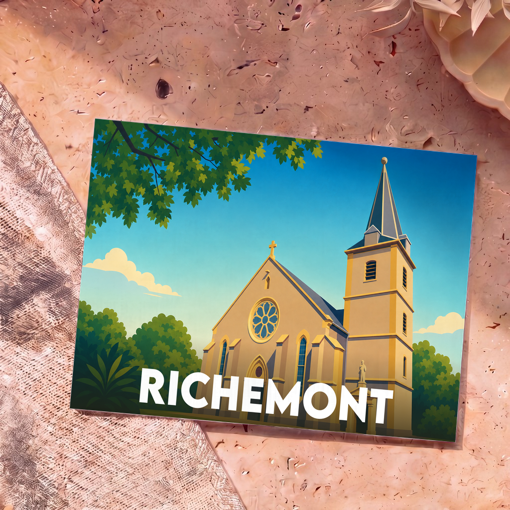 Carte postale souvenir de la ville de Richemont avec une illustration stylisée de son église sous un ciel bleu.
