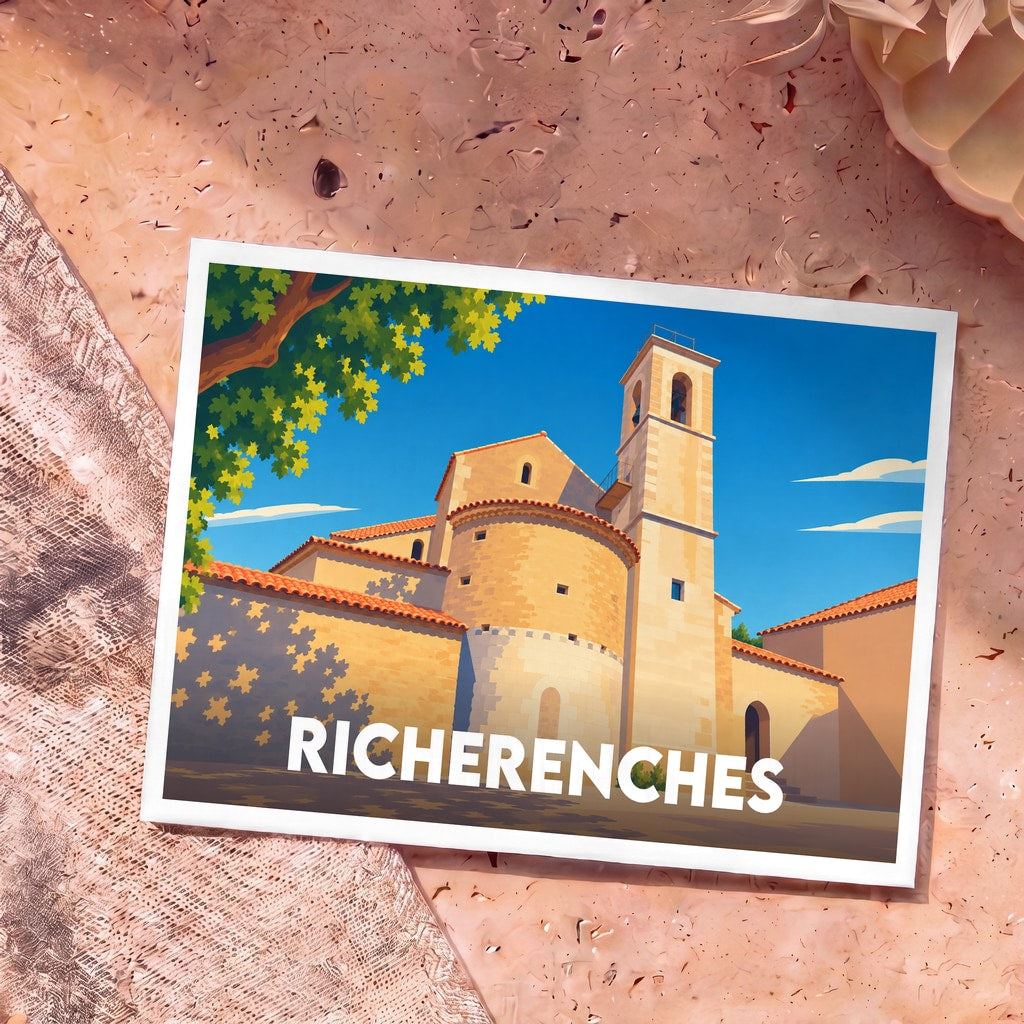 Carte postale souvenir de la ville de Richerenches avec une illustration stylisée de son église sous un ciel bleu.