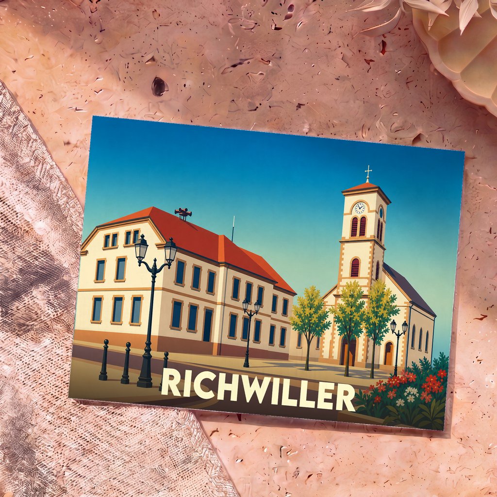 Carte postale souvenir de la ville de Richwiller avec une illustration stylisée de sa mairie et de son église.