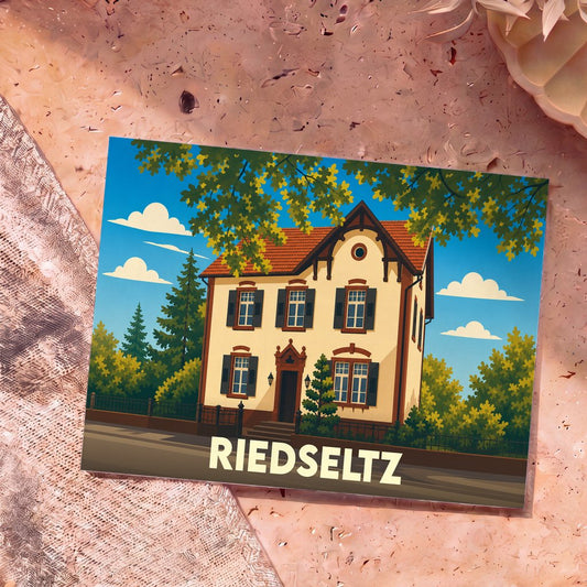 Carte postale souvenir de la ville de Riedseltz illustrant une maison traditionnelle alsacienne dans un style graphique épuré.