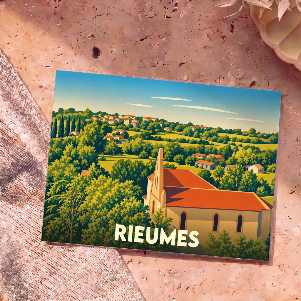 Carte postale souvenir de la ville de Rieumes avec une illustration stylisée d'un paysage vallonné et de son église.