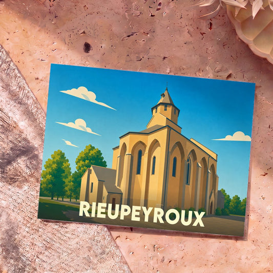 Carte postale souvenir de la ville de Rieupeyroux avec une illustration stylisée de son église.