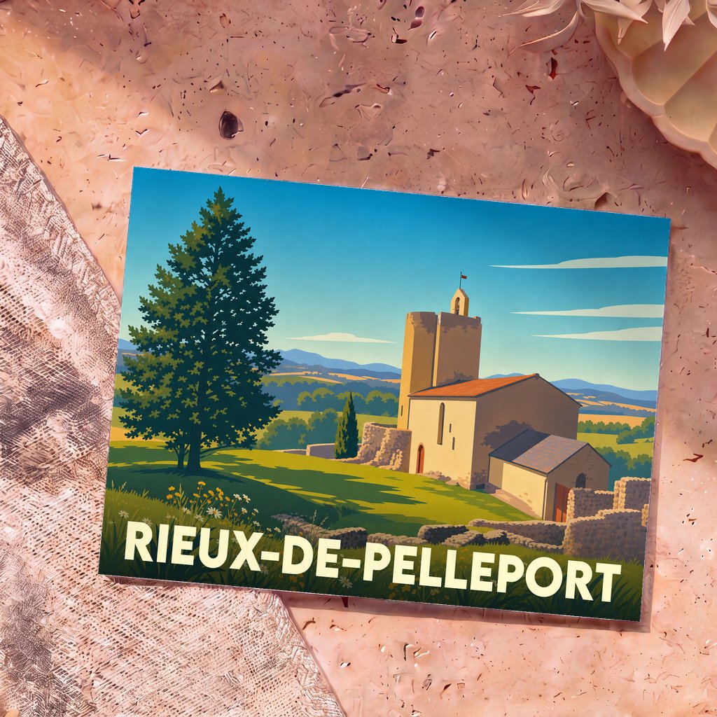 Carte postale souvenir de la ville de Rieux-de-Pelleport avec une illustration stylisée de son église et de son paysage.