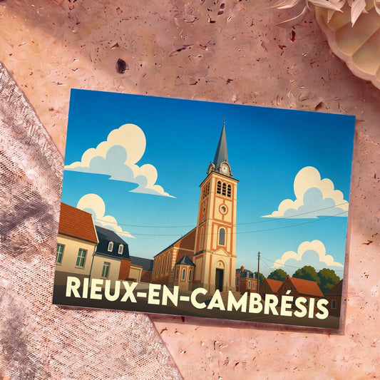 Carte postale souvenir de la ville de Rieux-en-Cambrésis avec une illustration stylisée de son église.