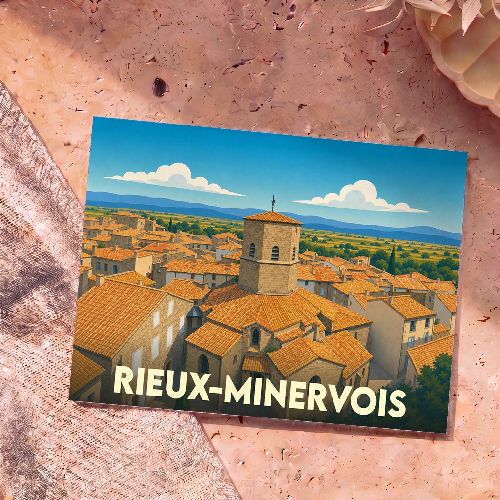 Carte postale souvenir de la ville de Rieux-Minervois illustrant son église octogonale au cœur du village.
