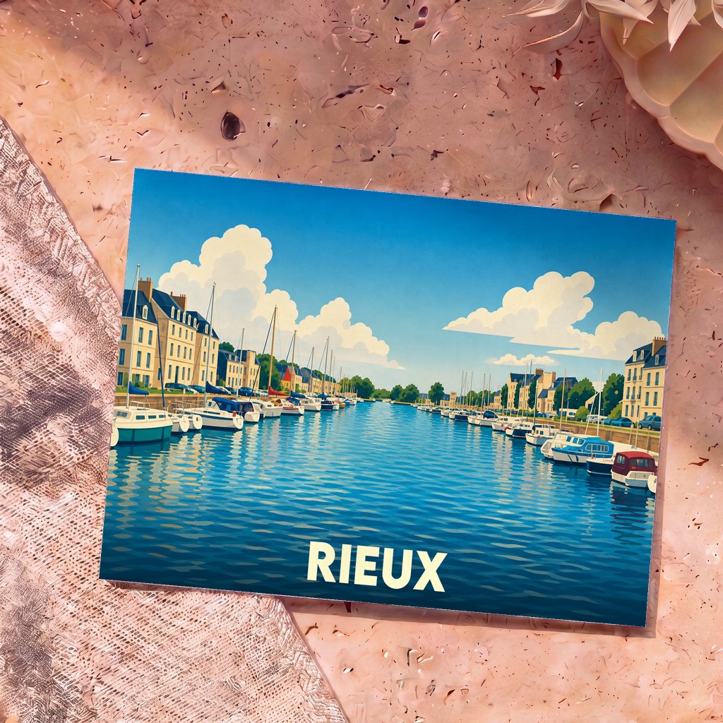 Carte postale souvenir de la ville de Rieux illustrant son port de plaisance dans un style graphique épuré.