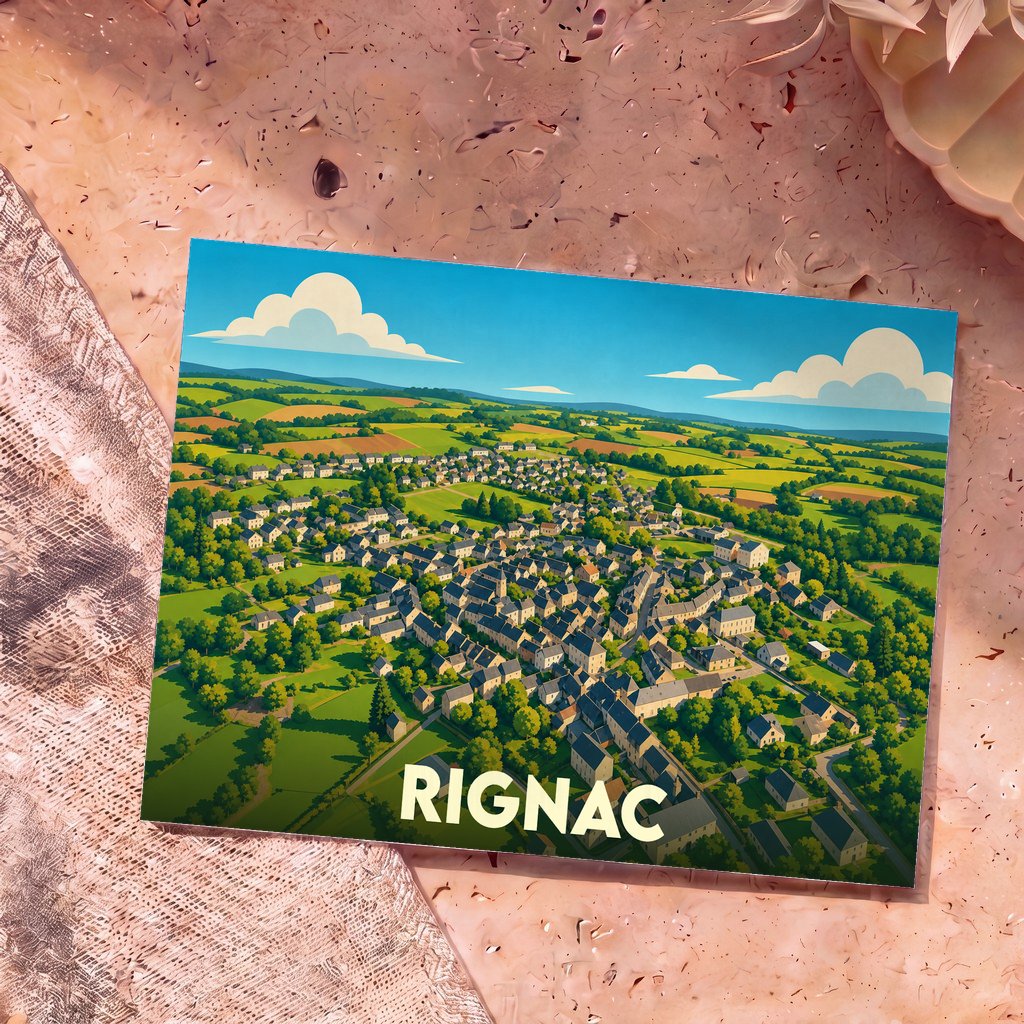 Carte postale souvenir de la ville de Rignac avec une illustration stylisée d'un village niché dans une campagne vallonnée.