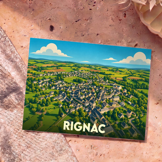 Carte postale souvenir de la ville de Rignac avec une illustration stylisée d'un village niché dans une campagne vallonnée.