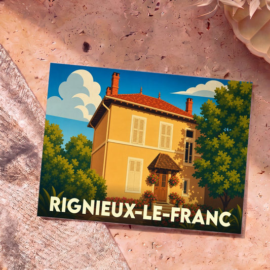 Carte postale souvenir de la ville de Rignieux-le-Franc illustrée d'une maison de campagne ensoleillée dans un style vintage.