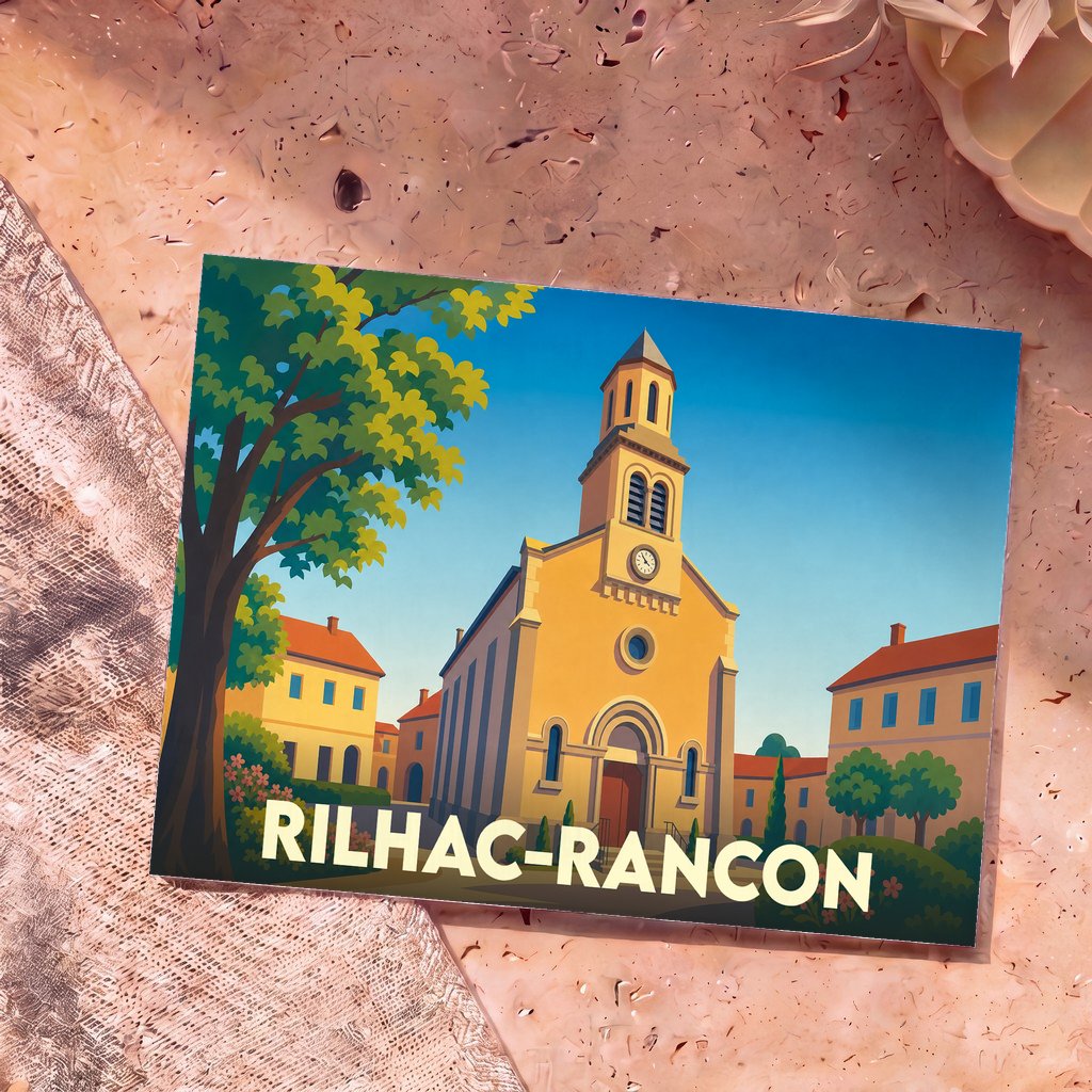 Carte postale souvenir de la ville de Rilhac-Rancon avec une illustration stylisée de son église sous un ciel bleu.