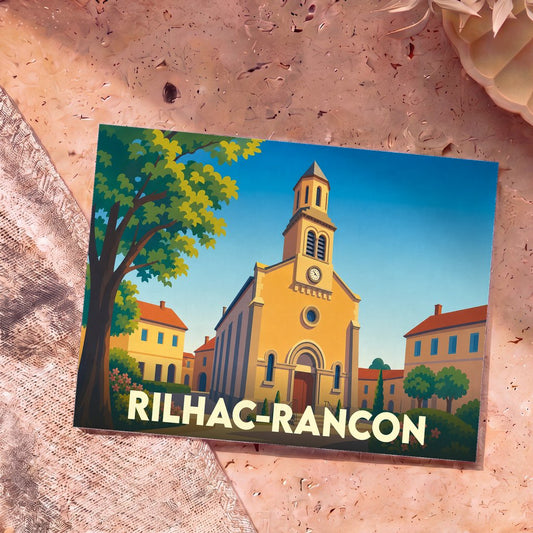 Carte postale souvenir de la ville de Rilhac-Rancon avec une illustration stylisée de son église sous un ciel bleu.