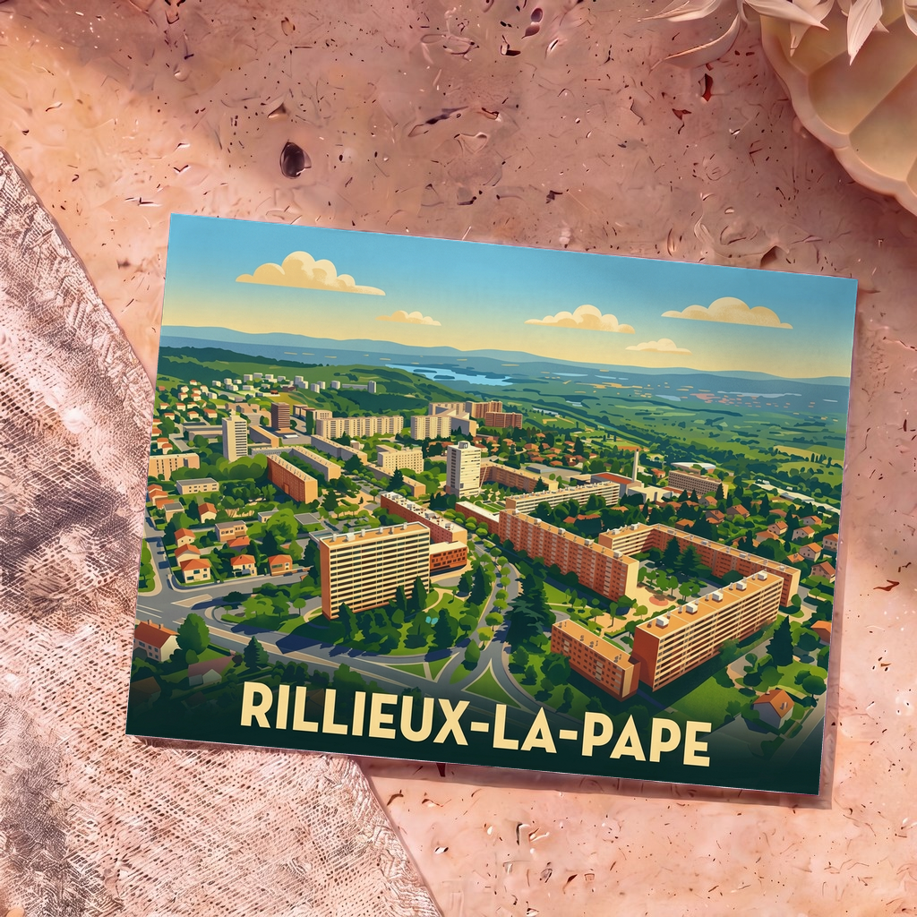Carte postale souvenir de la ville de Rillieux-la-Pape avec une illustration aérienne colorée et stylisée.