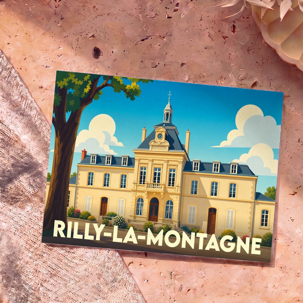 Carte postale souvenir de la ville de Rilly-la-Montagne avec une illustration stylisée de son hôtel de ville.
