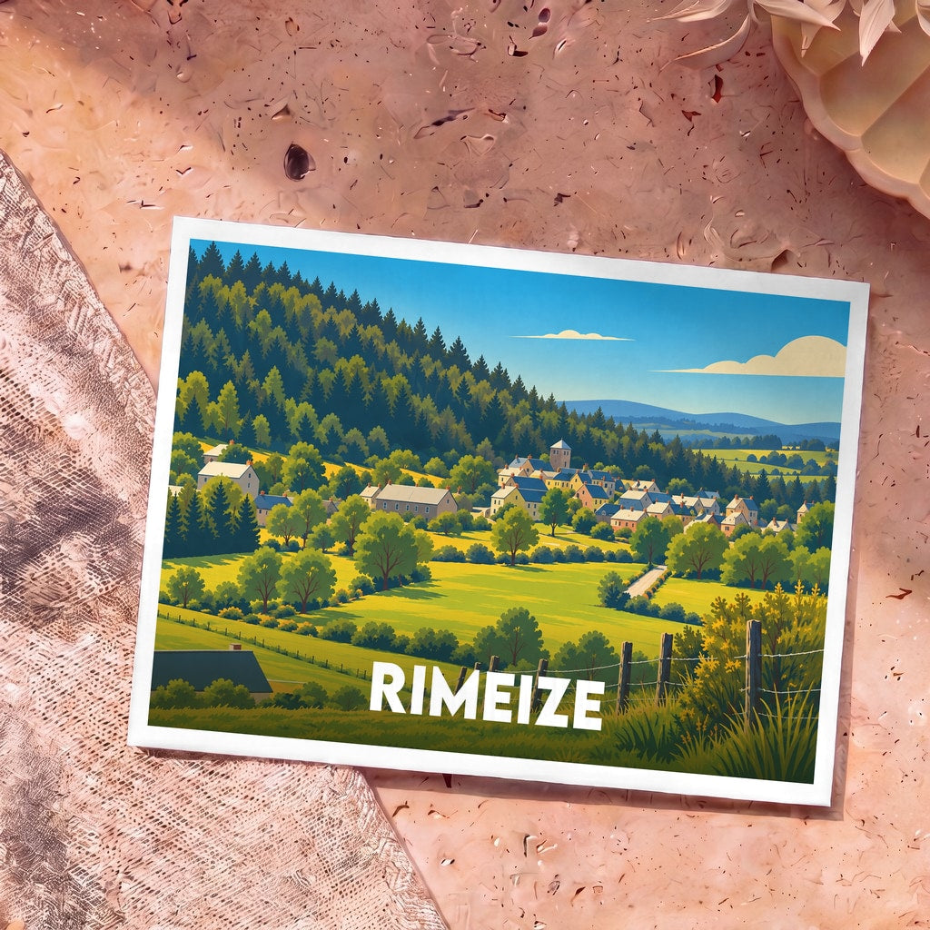 Carte postale souvenir de la ville de Rimeize avec une illustration stylisée de son paysage vallonné.