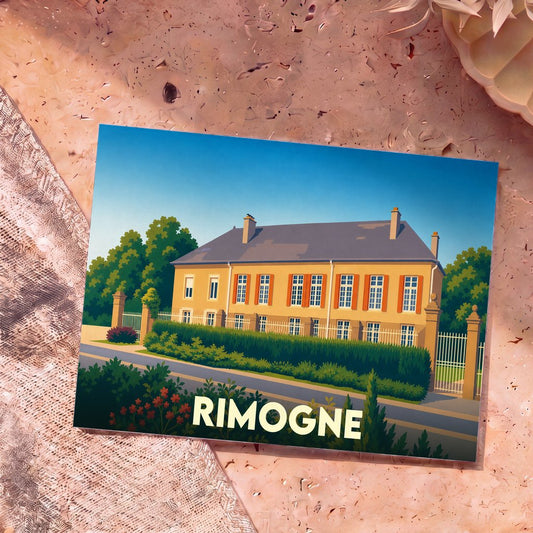 Carte postale souvenir de la ville de Rimogne avec une illustration stylisée d'un bâtiment historique.