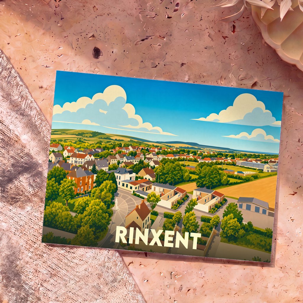 Carte postale souvenir de la ville de Rinxent avec une illustration stylisée et colorée du paysage urbain.