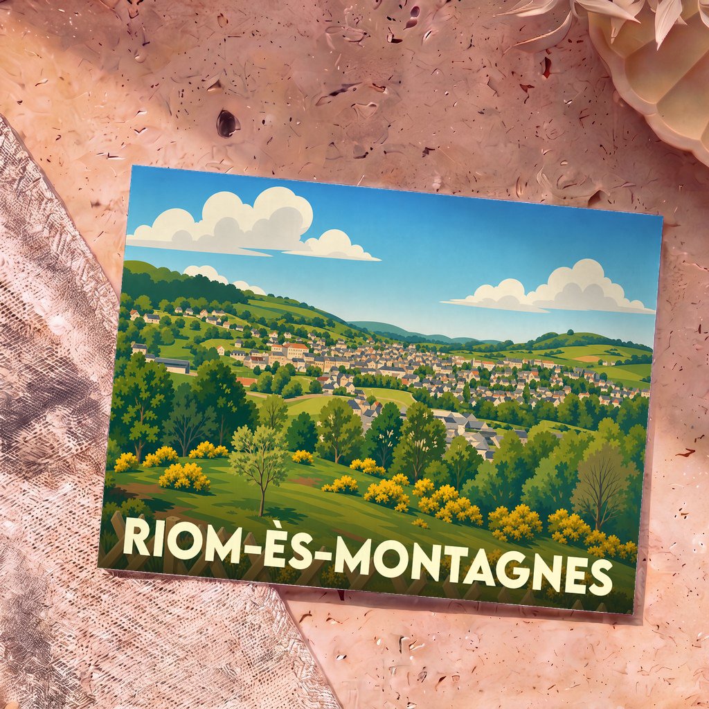 Carte postale souvenir de la ville de Riom-ès-Montagnes avec une illustration stylisée d'un paysage vallonné.