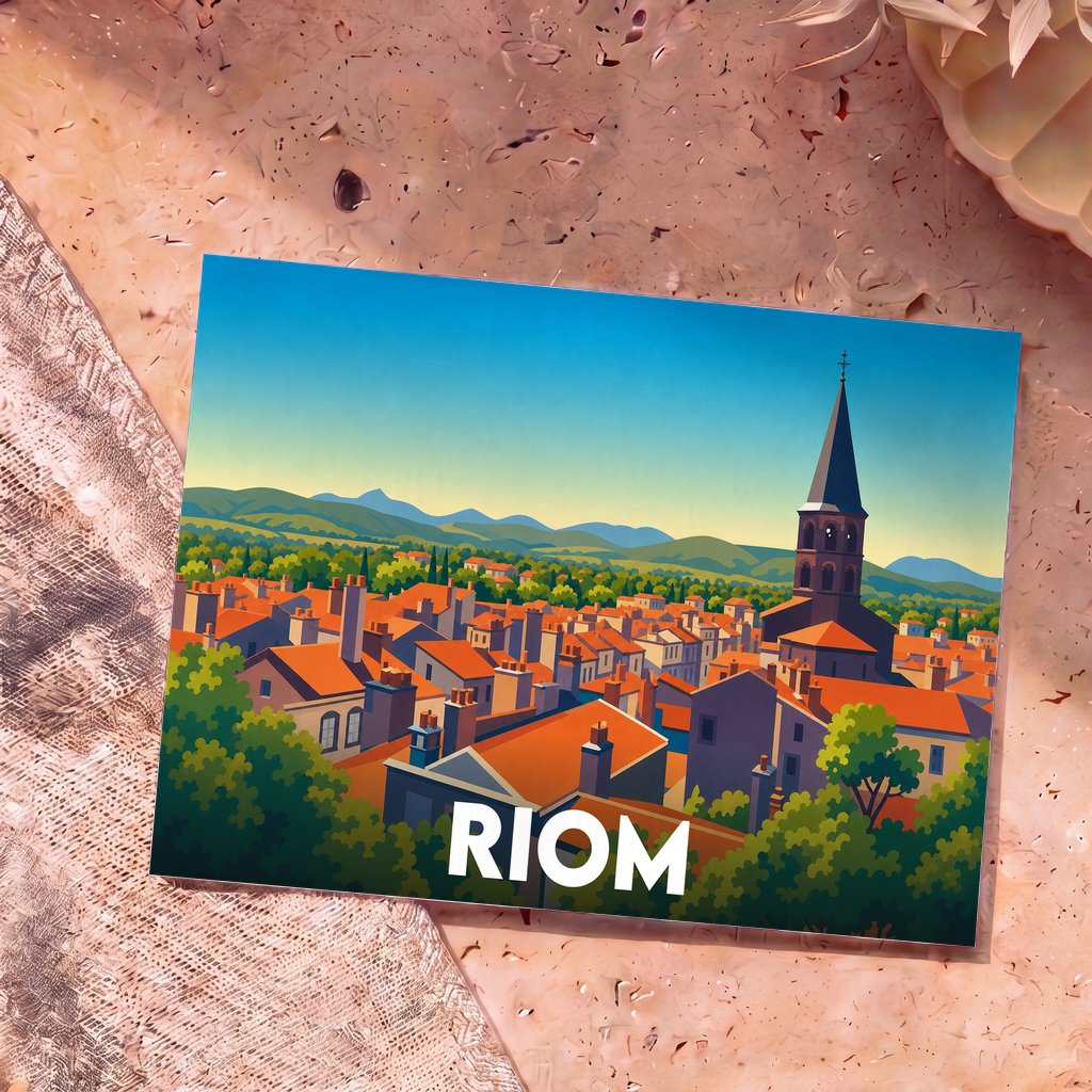 Carte postale souvenir de la ville de Riom avec une illustration stylisée de ses toits orangés, de son clocher et des montagnes auvergnates.