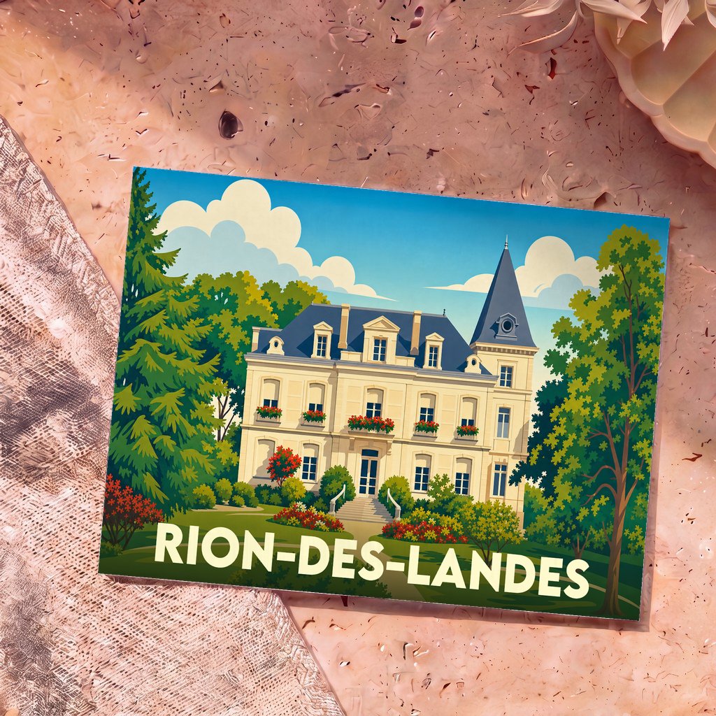 Carte postale souvenir de Rion-des-Landes illustrant un château entouré de verdure dans un style graphique épuré.