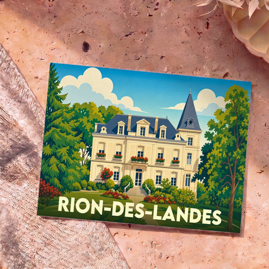 Carte postale souvenir de Rion-des-Landes illustrant un château entouré de verdure dans un style graphique épuré.